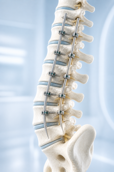 Medical illustration of spine correction surgery using rods and screws for spinal stabilization