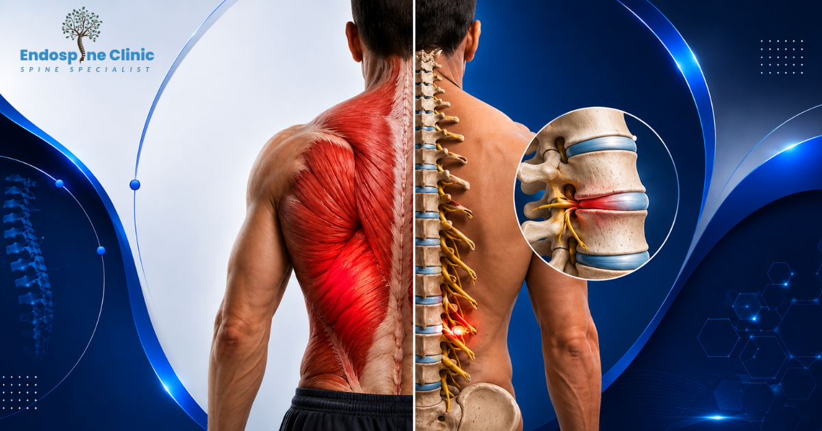 Diagram comparing a back muscle strain vs slipped disc anatomy.